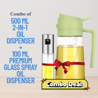 Combo of 500 ml  2-in-1 Oil Dispenser + 100 ml Premium Stainless Steel oil Sprayer Glass Bottle Anvi Enterprises