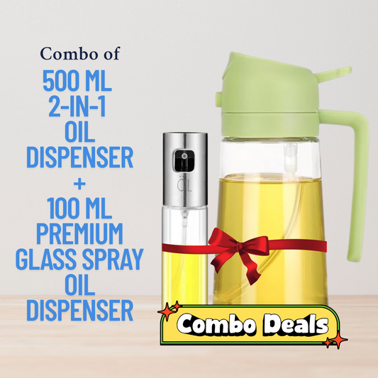 Combo of 500 ml  2-in-1 Oil Dispenser + 100 ml Premium Stainless Steel oil Sprayer Glass Bottle