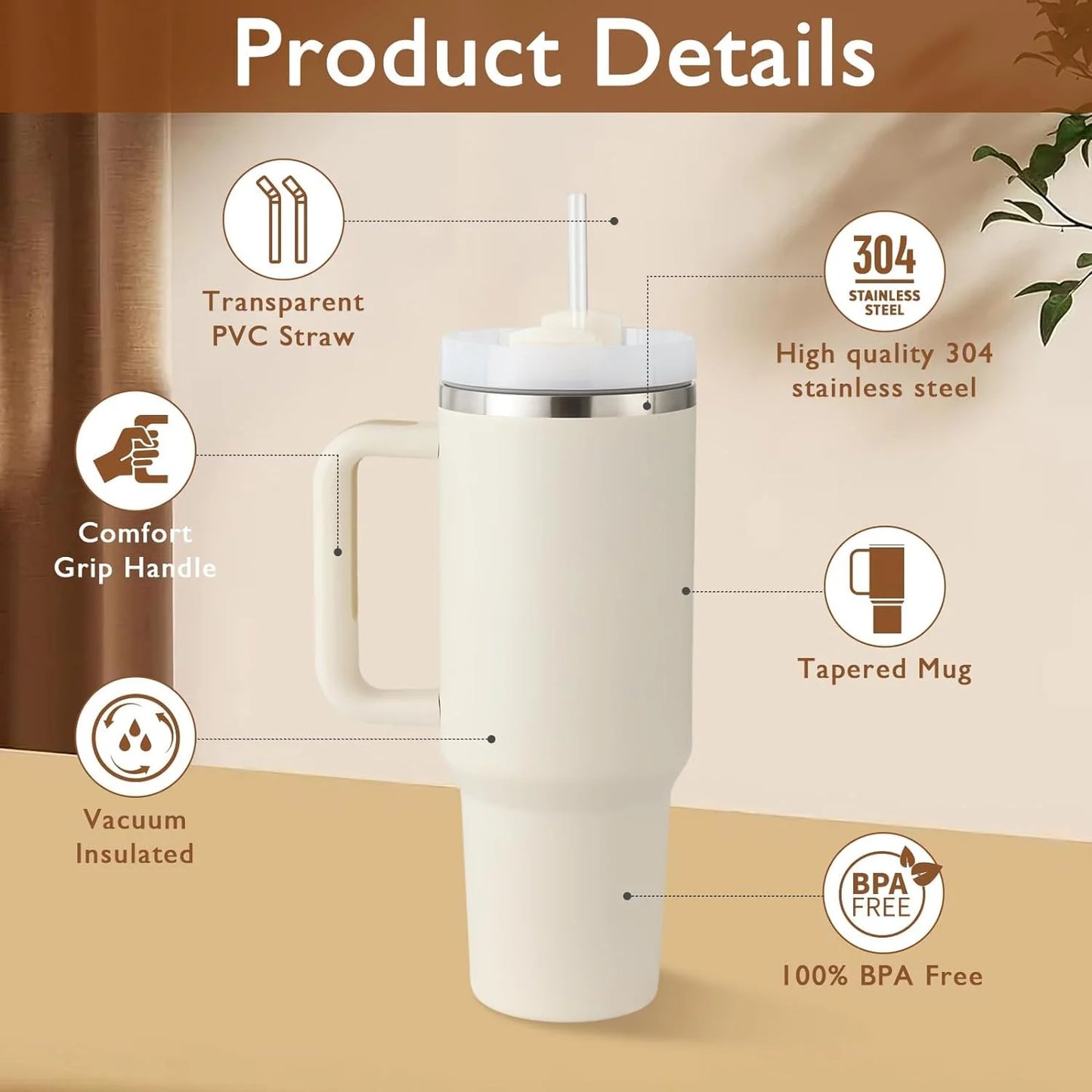 Stainless Steel Tumbler - 1200ml with Straw & Transparent Cap